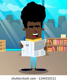 Schoolboy reading newspaper. Vector cartoon character illustration.