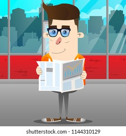 Schoolboy reading newspaper. Vector cartoon character illustration.