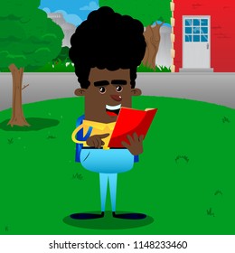 Schoolboy reading and pointing at an opened book. Vector cartoon character illustration.