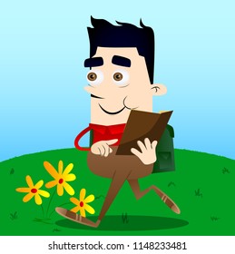Schoolboy reading and pointing at an opened book. Vector cartoon character illustration.