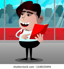 Schoolboy reading and pointing at an opened book. Vector cartoon character illustration.