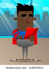 Schoolboy reading and pointing at an opened book. Vector cartoon character illustration.