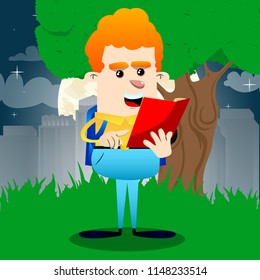 Schoolboy reading and pointing at an opened book. Vector cartoon character illustration.