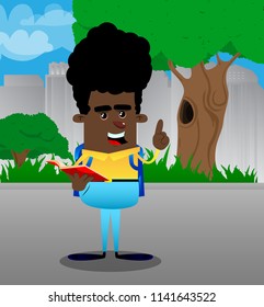 Schoolboy reading a red book and making a point. Vector cartoon character illustration.