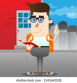 Schoolboy reading a red book and making a point. Vector cartoon character illustration.