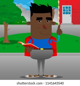 Schoolboy reading a red book and making a point. Vector cartoon character illustration.