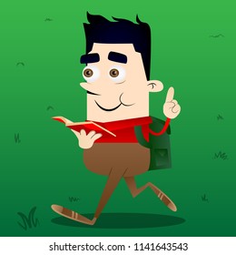 Schoolboy reading a red book and making a point. Vector cartoon character illustration.