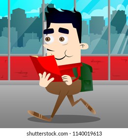 Schoolboy reading a red book. Vector cartoon character illustration.