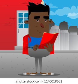 Schoolboy reading a red book. Vector cartoon character illustration.