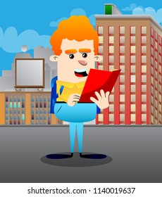 Schoolboy reading a red book. Vector cartoon character illustration.