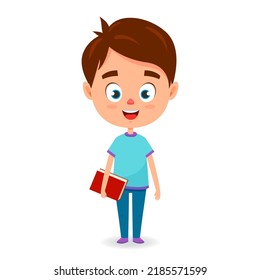 Escolar con libro rojo. Tiempo escolar. Personaje de dibujos animados con vector circular para libros, carteles, certificado.