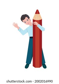 Schoolboy with a red pencil. Multi-colored image on a white background. Close-up. Design element. Vector illustration.