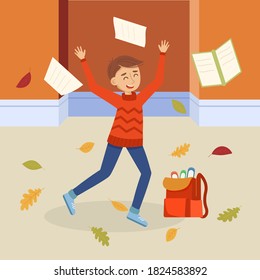 Schoolboy rejoices at the beginning of the holidays Cartoon Vector