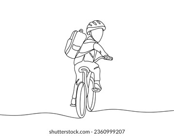 A schoolboy rides a bicycle to school. International Walk and Bike to School Day. One line drawing for different uses. Vector illustration.