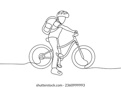 Un escolar va en bicicleta a la escuela. Caminata Internacional y Día de la Bicicleta al Colegio. Un dibujo de línea para diferentes usos. Ilustración vectorial.