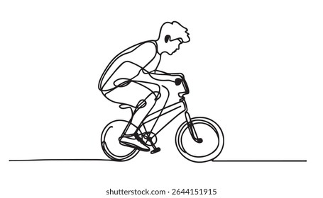 A schoolboy rides a bicycle to school. International Walk and Bike to School Day. One line drawing for different uses. Vector illustration.