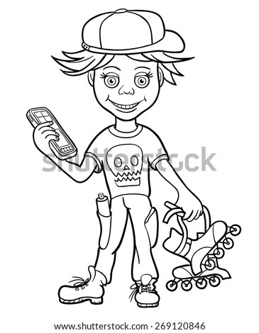 Schoolboy roller skating and electronic game in his hands. 