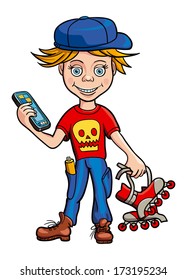 Schoolboy roller skating and gadget in his hands. Illustration.