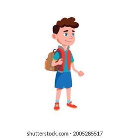schoolboy with rucksack waiting school bus on bus stop cartoon vector. . isolated flat cartoon illustration