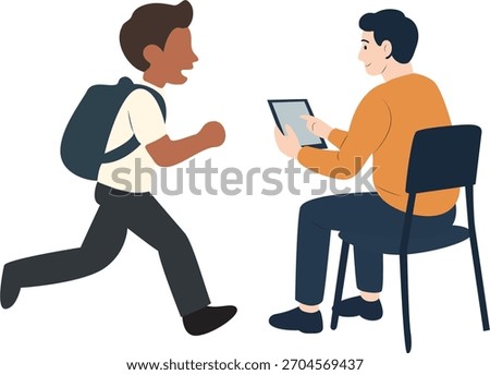 Schoolboy running to meet interviewer, A student runs to meet a person sitting with a tablet, perhaps for an interview. The student is late for his appointment.