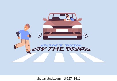 schoolboy running on crosswalk and driver stops car immediately don't run on road concept