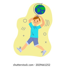 Schoolboy runs to school. He is holding a globe. The boy is happy to go to school. Colourful vector illustration. 