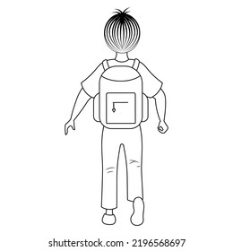 A schoolboy with a satchel for textbooks is running. Sketch. Vector illustration. Boy view from the back. Doodle style. Coloring book for children. Outline on isolated background. School theme. 