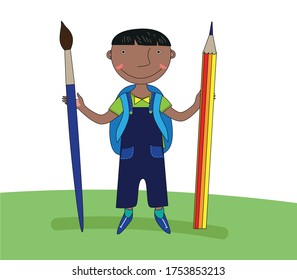 Schoolboy with a school backpack behind his back holding a pencil and a brush