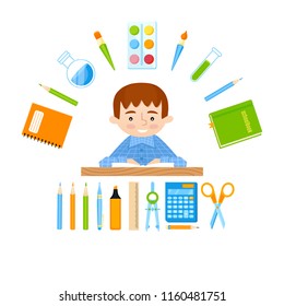 Schoolboy at the school desk and school tools vector set. Back to school background