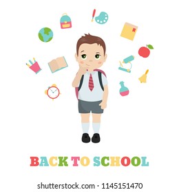 Schoolboy with school icons. Cartoon style vector illustration isolated on white background.