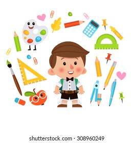 Schoolboy and school icons in cartoon style. Rulers, paint, exercise books, brushes, pencils and other attributes of the student.