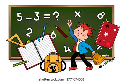 Schoolboy and school supplies on  blackboard background. Vector illustration, isolated.