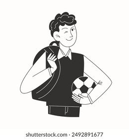 A schoolboy in a school uniform, a backpack and a soccer ball in black and white illustration