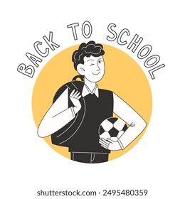 Un escolar con uniforme escolar, una mochila y un balón de fútbol