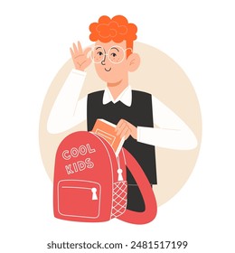 Un escolar con uniforme escolar empaca una mochila para ir a la escuela