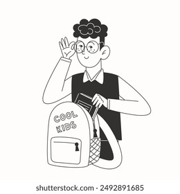 Un escolar con uniforme escolar empaca una mochila a la escuela en ilustración en blanco y negro
