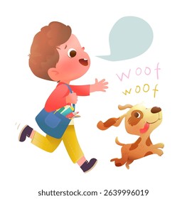 Schoolboy with schoolbag and his dog running together playing after school. Boy child character and his puppy pet playing running and barking. Vector children clipart illustration.