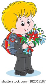 schoolboy with a schoolbag and holiday bouquet of flowers
