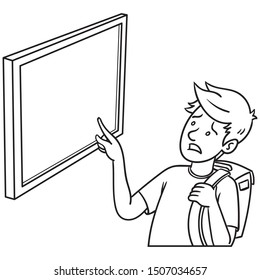 Schoolboy with a schoolbag on her back, pointing with worried expression on a tafe. empty space for text. illustration, monochrome, comic, school.