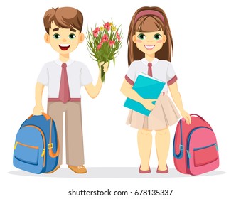 Schoolboy and schoolgirl with backpack. Coming back to school. Cute smiling boy with flowers and girl with textbook. Cartoon characters. Vector illustration.