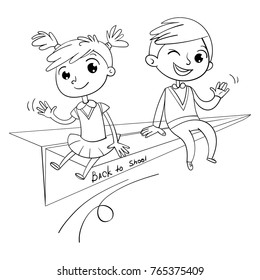 A schoolboy and a schoolgirl are flying on a paper airplane. Back to school. Funny cartoon character. Vector illustration. Isolated on white background. Coloring book