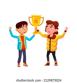 Schoolboy And Schoolgirl Holding Trophy Cup Vector. Chinese Boy And Caucasian Girl With Golden Trophy Cup Award Celebrate Victory In Competition. Characters Success Achieve Flat Cartoon Illustration