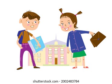 Сartoon schoolboy and schoolgirl on the way to school. Back to school vector illustration.