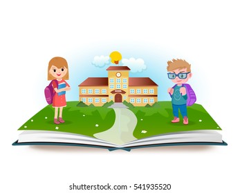 Schoolboy and schoolgirl with opened book - vector illustration.