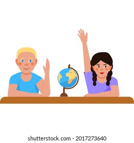 Schuljunge und Schulmädchen ziehen sich während einer Unterrichtsstunde die Hand. Ein Mädchen und ein Junge sitzen an einem Schreibtisch in der Schule. Zurück zur Schule. Vektorgrafik im Stil eines flachen Cartoons