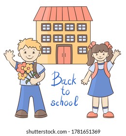 A schoolboy and a schoolgirl with satchels on the background of the school building. The beginning of the school year. Vector illustration.