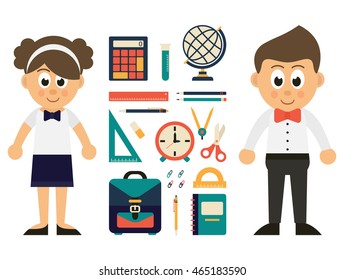 schoolboy and schoolgirl with school elements