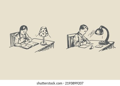 Schoolboy schoolgirl sit at the table and do homework