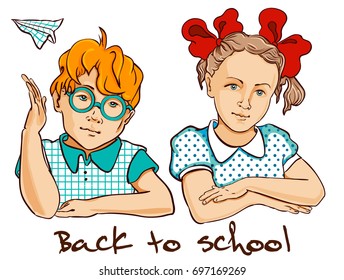 A schoolboy and a schoolgirl are sitting together. The boy in glasses, he raised his hand. A girl is sitting with her hands folded