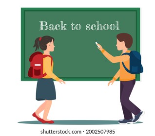 Schoolboy and schoolgirl standing at the blackboard, back to school concept, education concept, flat vector illustration